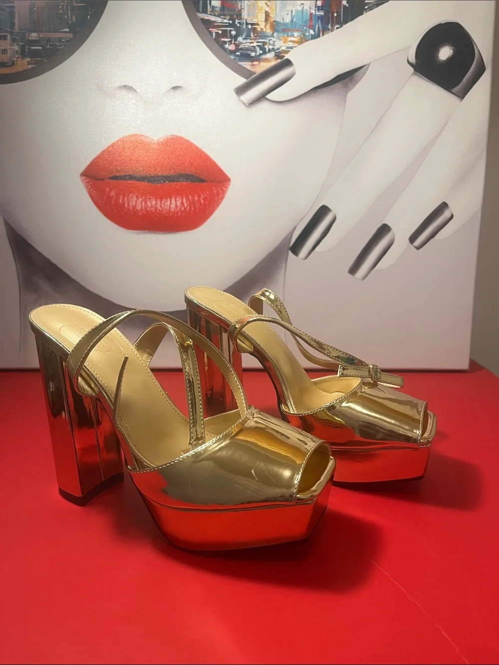 Metallic Gold Platform Slide Heels with Crisscross Straps